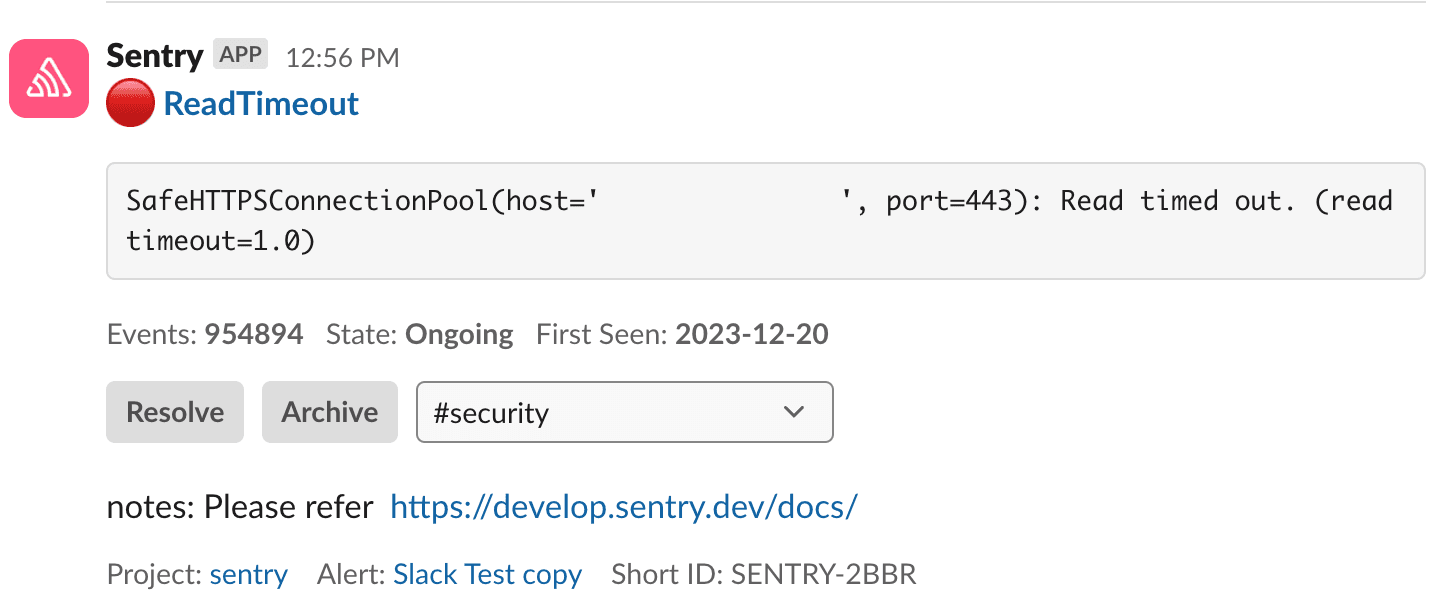 Slack notification of Sentry issue